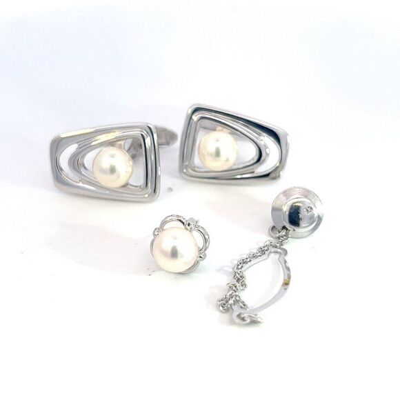 Mikimoto Estate Akoya Pearl Cufflinks + Tie Pin Set Sterling Silver 7.20 mm M384 - Picture 1 of 8